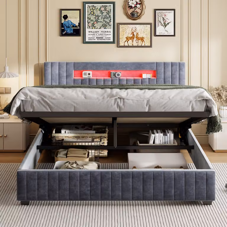 Letto matrimoniale imbottito 140 x 200 cm con testata a LED, contenitore, rete a doghe in legno, grigio