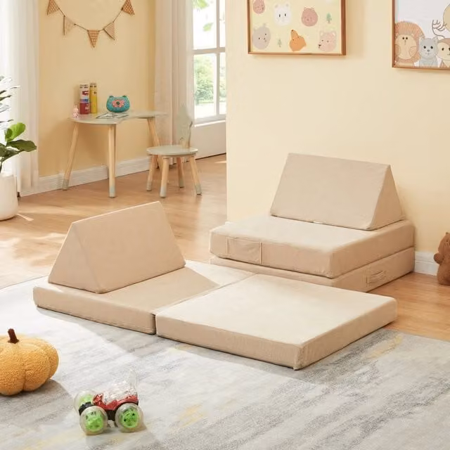 Divano Componibile per Bambini Norhulta en.casa Set Modulare Imbottito in Velluto a Coste Beige L: 120 cm, P: 66 cm, H: 46 cm