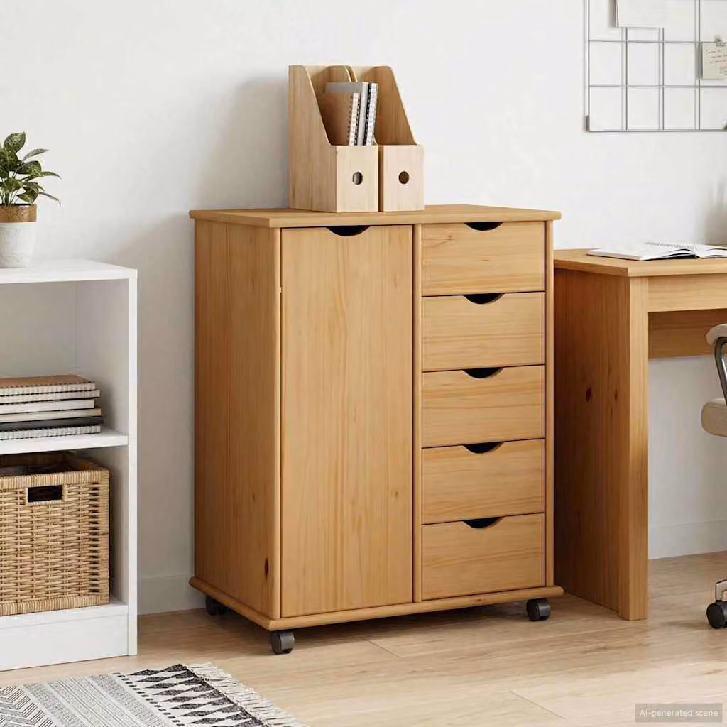 Carrello mobile con ruote vidaXL in legno di pino massello marrone L: 63,5 cm, P: 39 cm, H: 79 cm