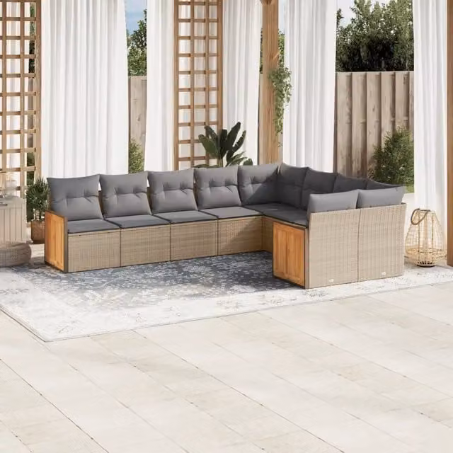 Set Divano da Giardino VIDAXL a Forma di L in Polyrattan con Cuscini Beige e Grigio, 9 Pezzi