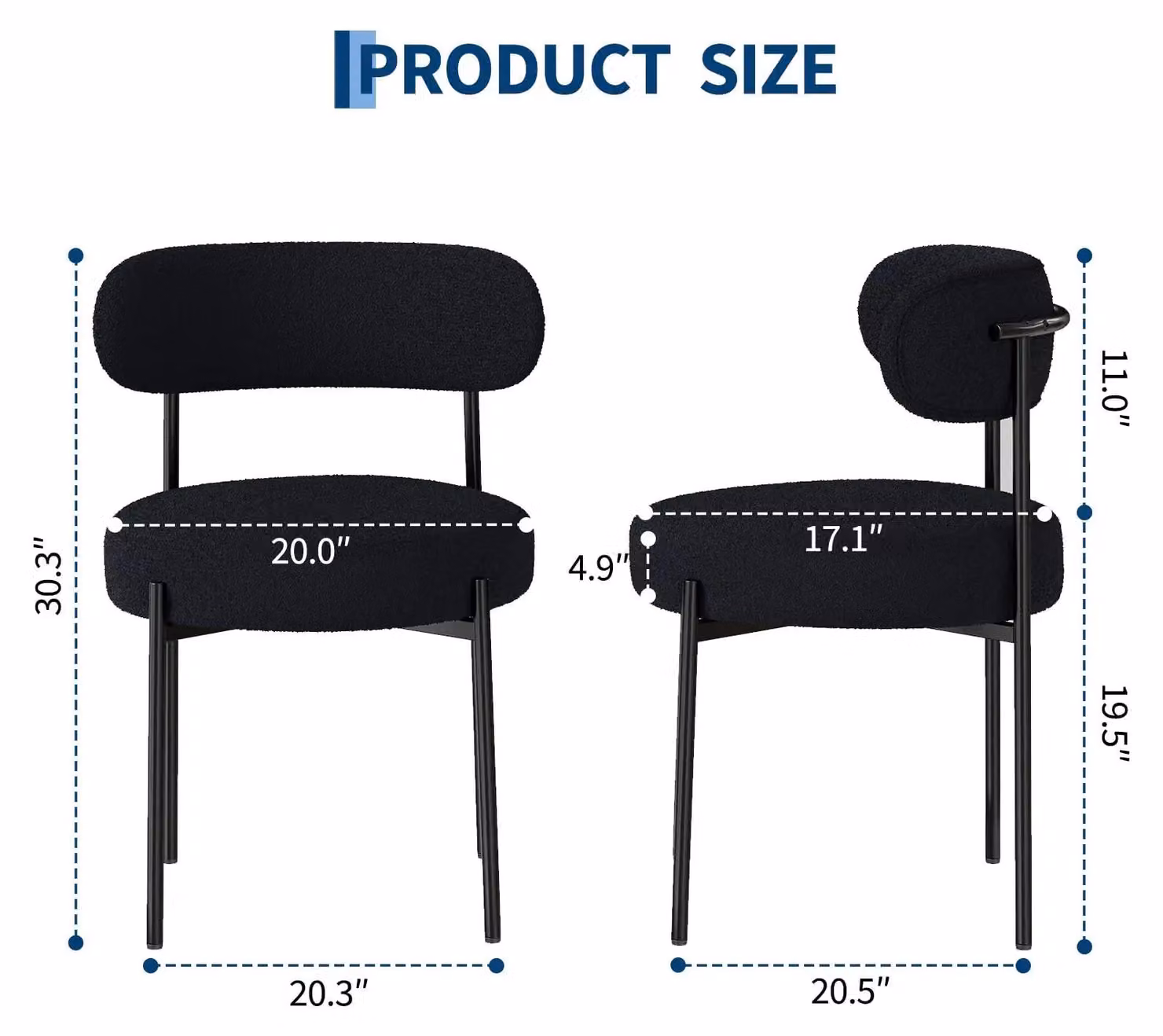 Sedia da pranzo imbottita - Sedia moderna senza braccioli - Tessuto in chenille - Seduta imbottita - Struttura in metallo - 51 x 51 x 76 cm - Nero