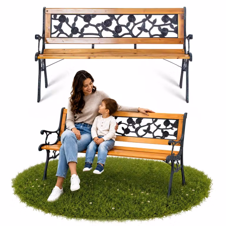 Panchina da giardino in legno KADAX, 127 cm, panchina in ghisa con schienale rose