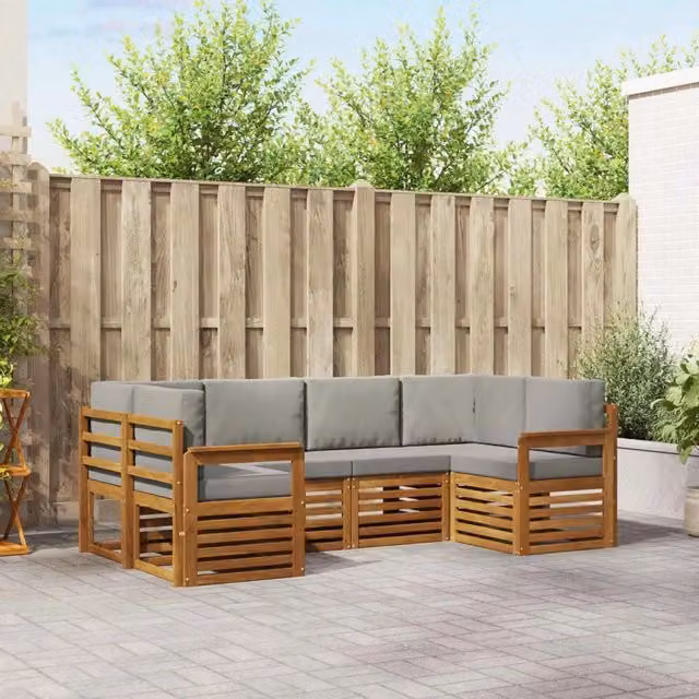 Set di divani da esterno vidaXL a forma di L in legno di acacia con cuscini grigi per giardino e terrazza