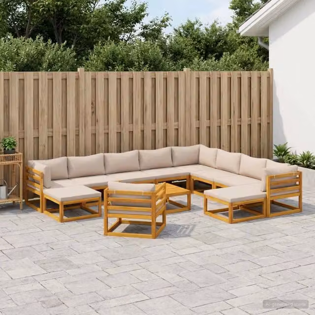 Set di divani da giardino a forma di U vidaXL in legno di acacia massello con cuscini beige e tavolino da esterno marrone – 1