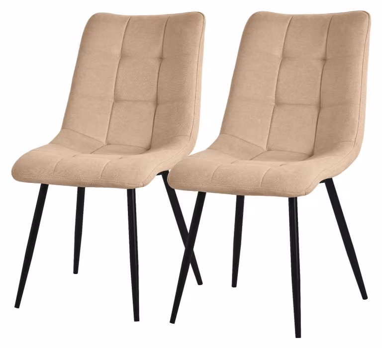 Set di 2 sedie da pranzo, color beige chiaro, rivestite in tessuto, con gambe in metallo nero