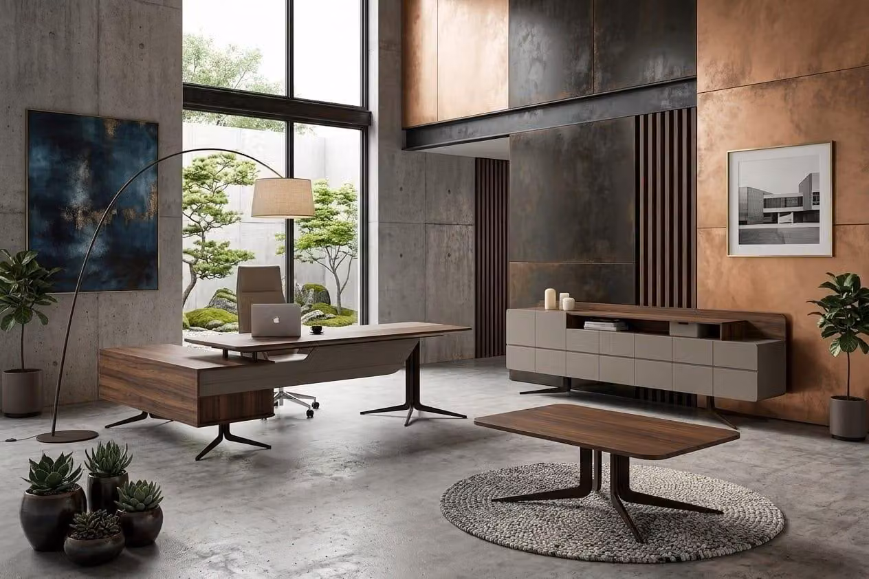 Set di mobili da ufficio eleganti: scrivania, mobiletto laterale, design moderno