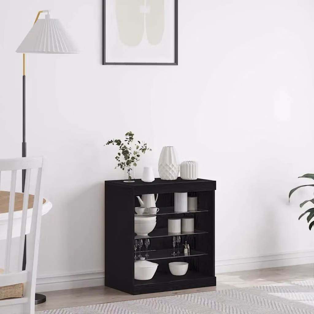 Madia moderna vidaXL con illuminazione LED in rovere nero e vetro, L 60,5 cm x P 37 cm x H 67 cm
