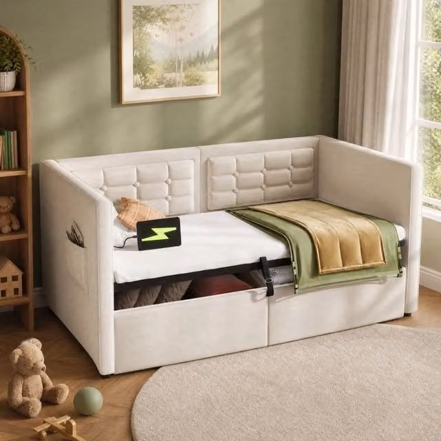 Divano letto imbottito 90x200 cm beige in velluto con contenitore e ricarica USB