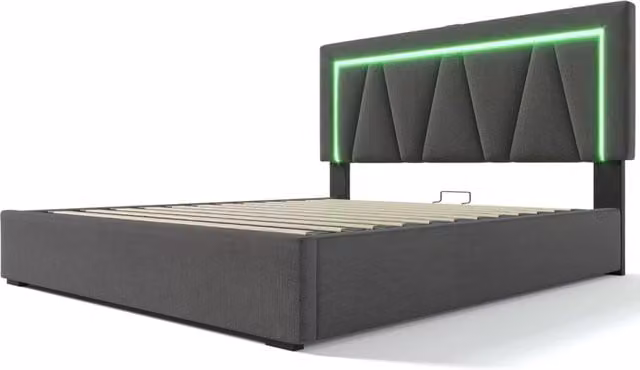 Letto imbottito 140x200 con illuminazione LED, ricarica USB Tipo C e contenitore, struttura in lino grigio/beige