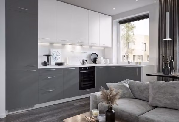 Mobile cucina a L "Bonn" cucina abitabile 335x155cm estensione parziale bianco opaco frontale bianco - grigio raffica opaco