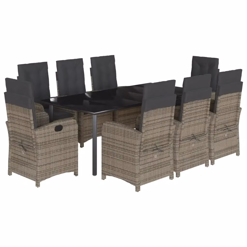 Set da Pranzo da Giardino vidaXL in Polyrattan e Vetro, 9 Pezzi, Grigio e Nero – 2