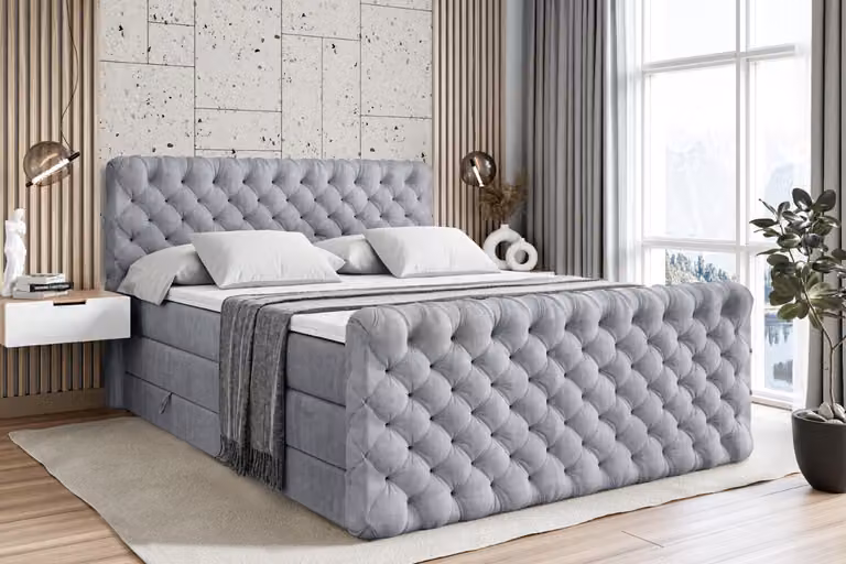 Letto boxspring ALTDECOR con pediera, 2 materassi e topper - 200x200 cm - BOXI8-Z KING - Velluto grigio chiaro - Letto imbottito con materassi H3 e H4, contenitore e rete a doghe, letto con spazio contenitivo
