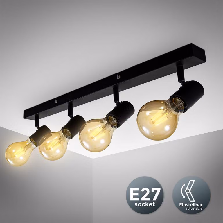 Lampada da soffitto con 4 faretti orientabili, adatta per 4 lampadine E27 non incluse max 60W, metallo nero, plafoniera per salotto o cucina, lampadario stile industriale contemporaneo per camera IP20
