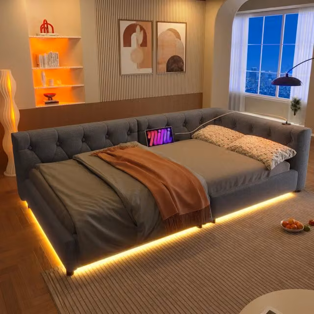 Letto divano singolo 90×200 cm con USB, porta di tipo C e LED regolabile, senza materasso, lino grigio