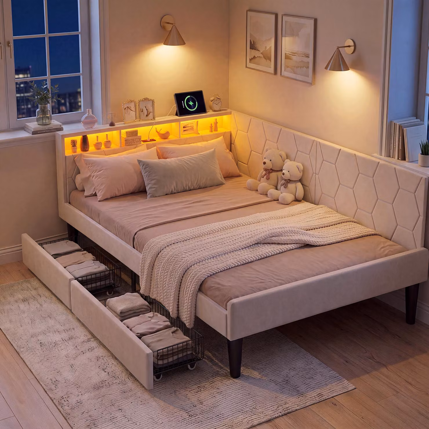 Letto imbottito UnboxG 140x200 cm con rete a doghe, letto in velluto con 2 cassetti, illuminazione LED, porta USB e porta di tipo C, divano letto 2-in-1, color beige