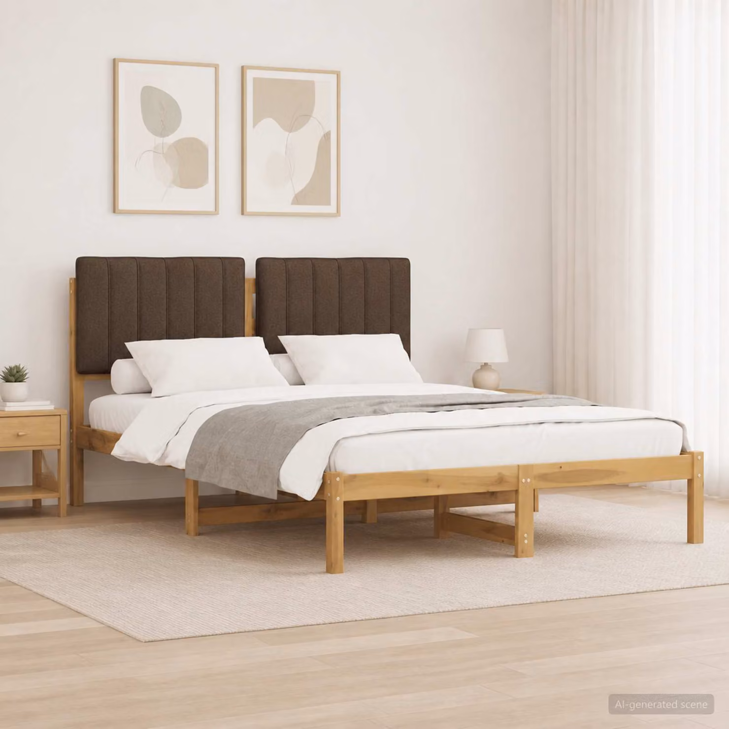 Letto con testiera rivestita vidaXL in legno di acacia e tessuto, Bianco e Beige, L/P/H: 140 x 200 x 85 cm