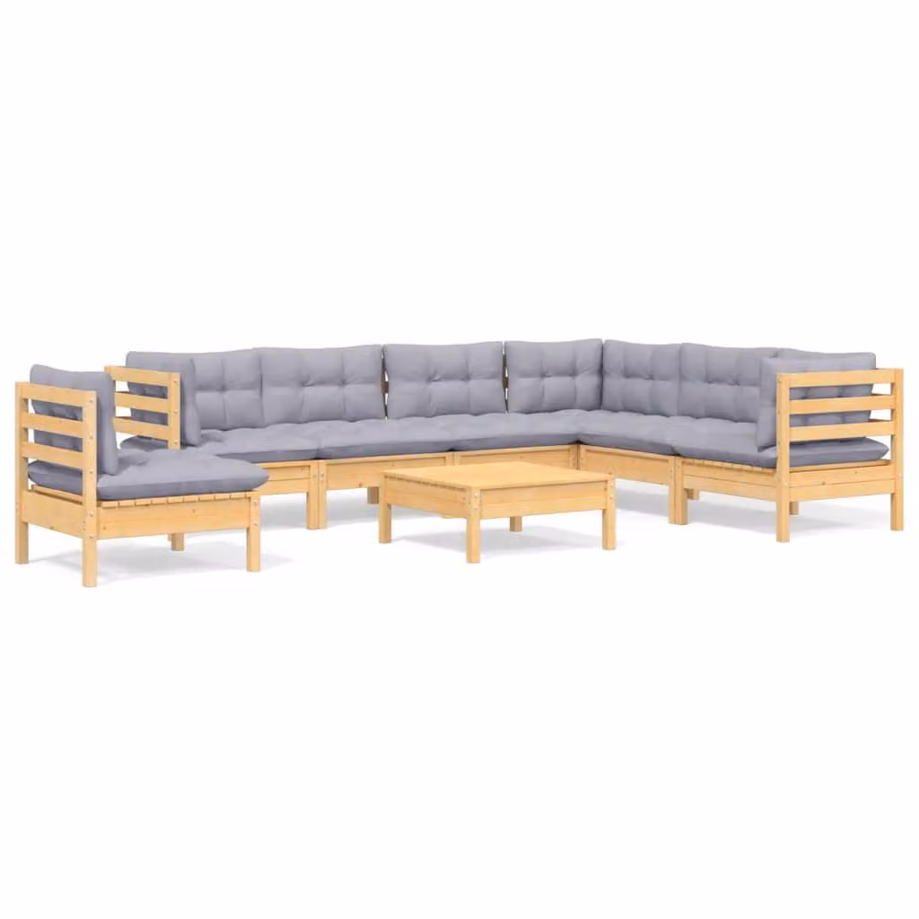 Set Divani da Giardino 8 pz con Cuscini Grigi Massello di Pino