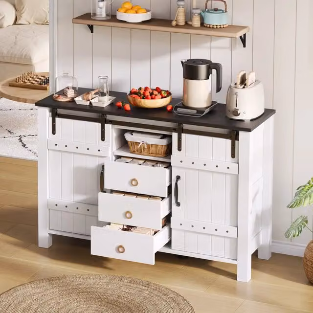 Credenza rustica con ante scorrevoli e 3 cassetti in MDF bianco per cucina e soggiorno 120 × 40 × 80 cm