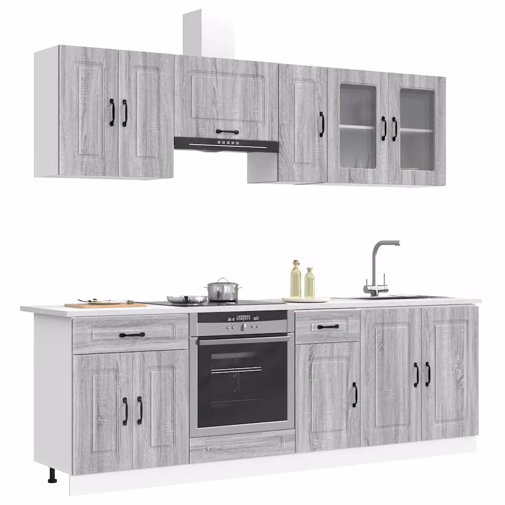 Set di mobili da cucina moderno vidaXL Kalmar composto da 8 pezzi in colore grigio con ante in vetro e ripiani interni