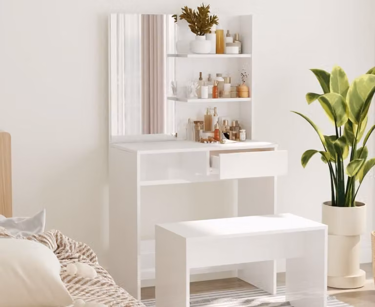 The Living Store Comodino con specchio bianco lucido 74,5x40x141 cm