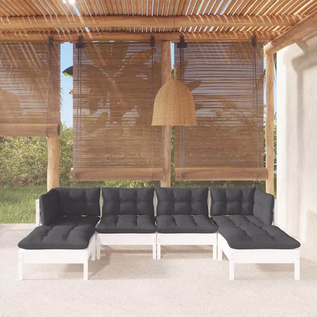 Set di divani da giardino vidaXL in legno di pino con cuscini bianchi, composizione a L con elementi angolari e pouf, 6 pezzi
