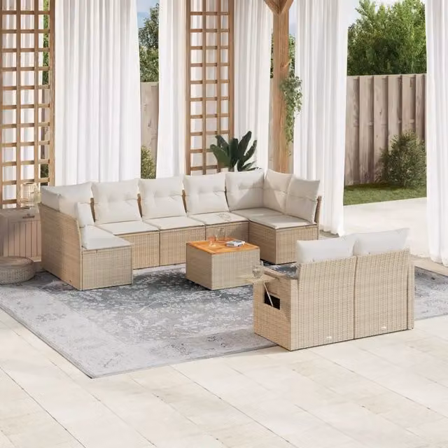 Set Divano da Giardino 10 pz con Cuscini Beige in Polyrattan 3224714