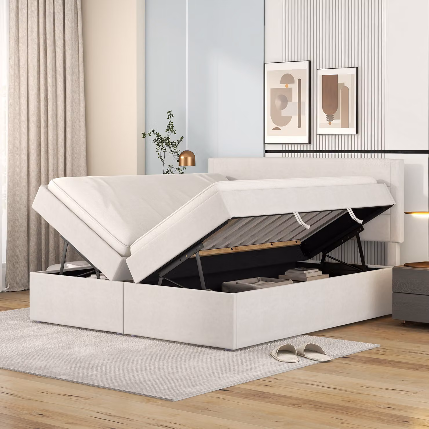 Letto a molle Merax 140x200cm con cassetti senza base, letto imbottito con struttura in metallo a doghe e ampio spazio di archiviazione, letto matrimoniale, letto funzionale, beige