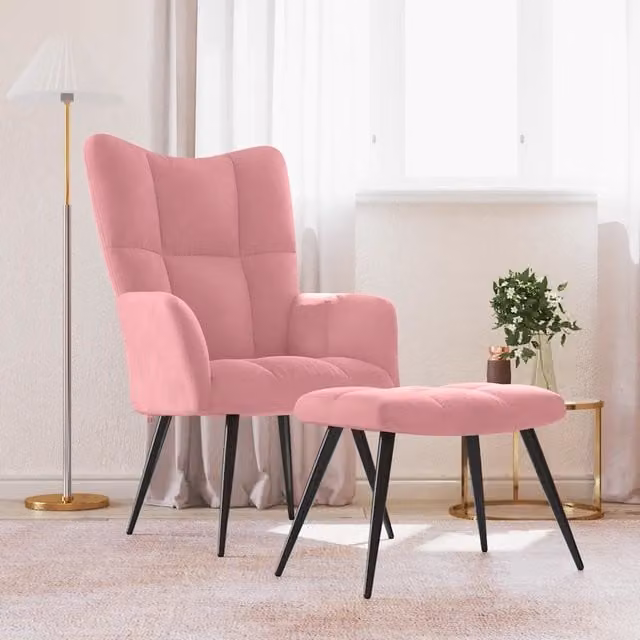 Poltrona Relax con Poggiapiedi MERCATOXL in Velluto Rosa con Struttura in Metallo e Imbottitura in Schiuma