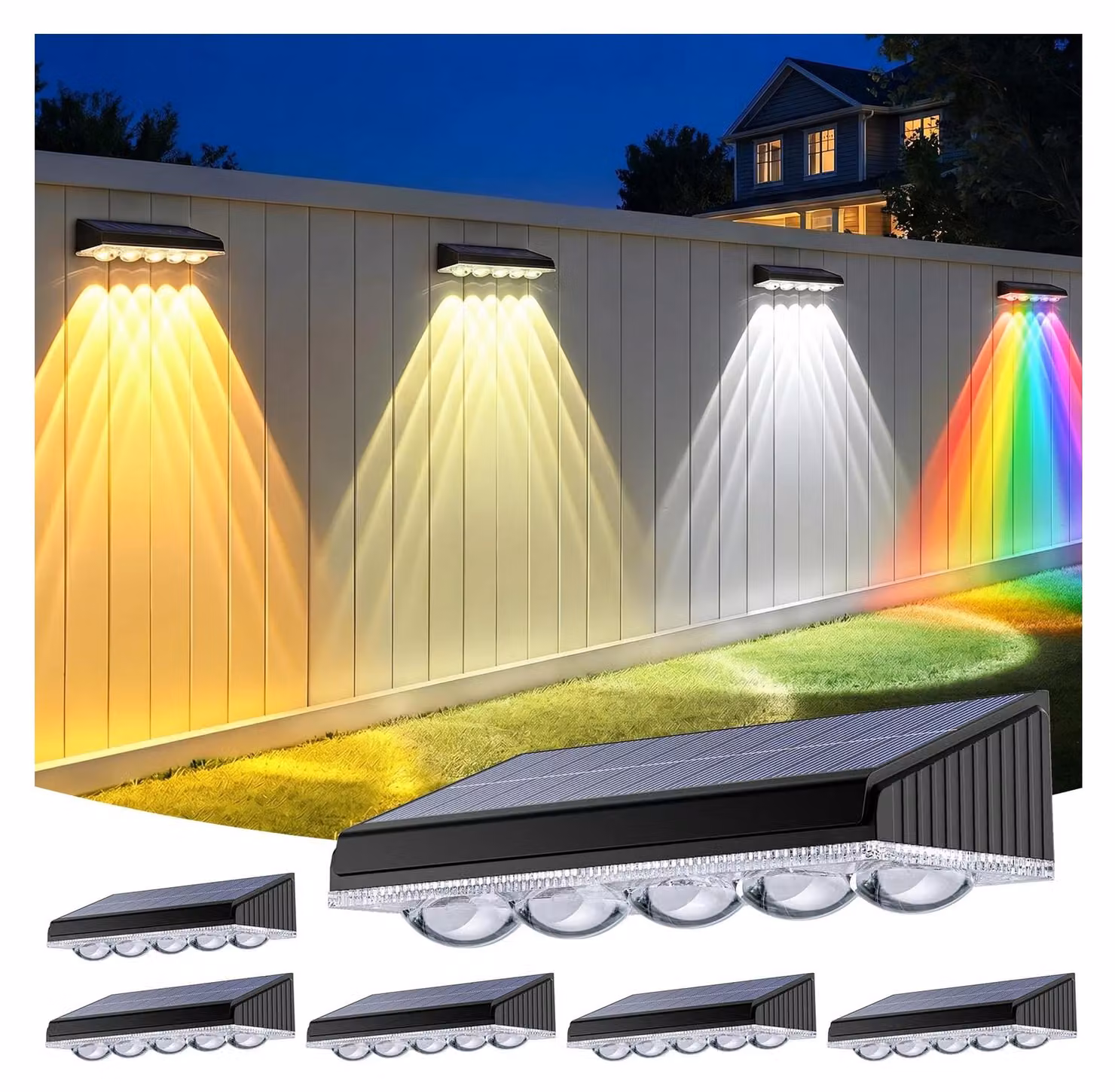 Set di 6 luci solari, con 5 LED, 10 modalità, grado di protezione IP65, luce calda/fredda/RGB