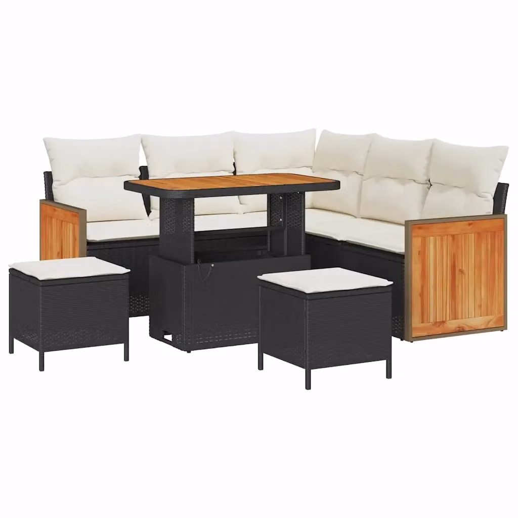 Set Divano da Giardino vidaXL 8 Pezzi con Cuscini, Design Moderno a L con Tavolino e Pouf, Nero e Beige – 2