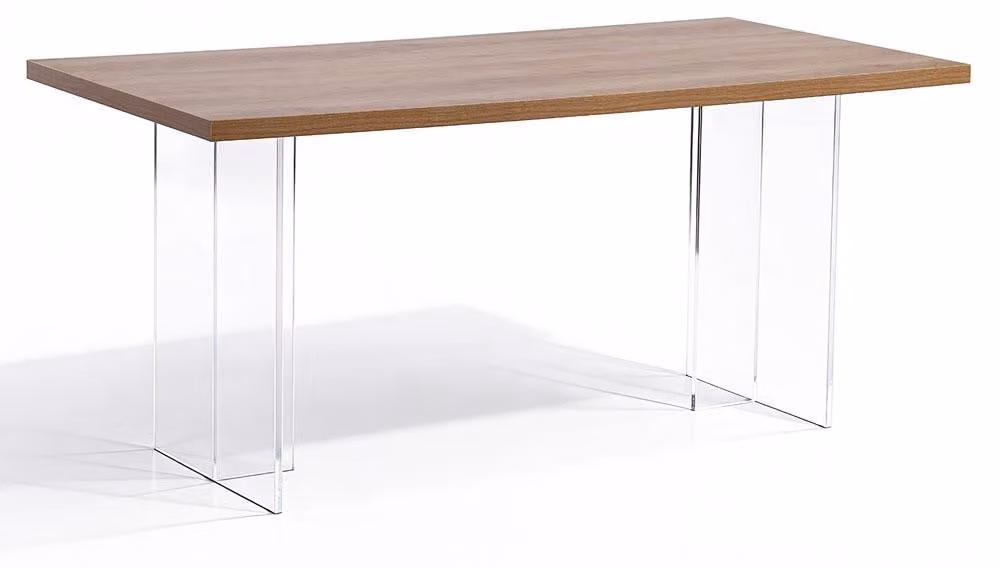 Tavolo rettangolare di 160x80 cm con piano in melaminico e gambe in acrilico trasparente, design contemporaneo, ideale per la sala da pranzo o l'ufficio – Elio/Holz