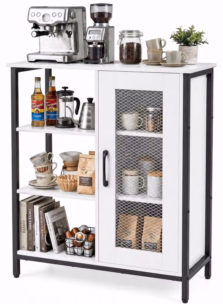 KOMFOTTEU, mobiletto contenitore in legno, credenza con 3 vani aperti e ante a griglia
