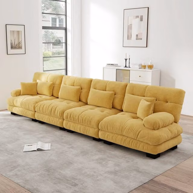 Divano Letto Angolare Modulare MINIMAL a 4 Posti in Chenille Giallo con Funzione Letto e Cuscini Inclusi