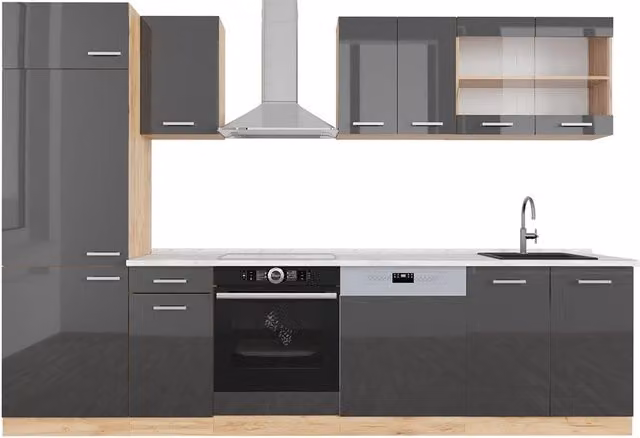 Cucina componibile moderna Vicco R-Line in antracite lucido e rovere dorato, L: 300 cm