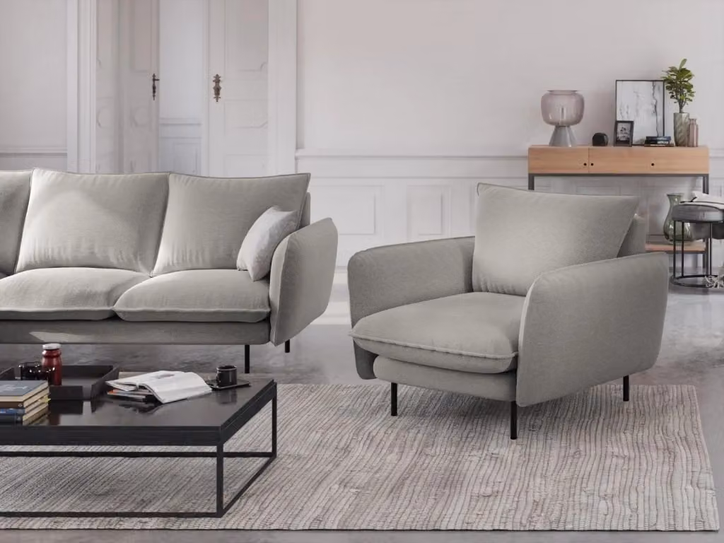 Poltrona Vienna Cosmopolitan Design in tessuto strutturato grigio chiaro con struttura in metallo e braccioli – 2