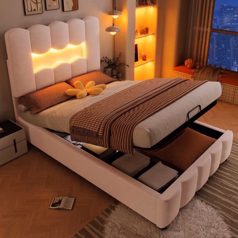 Letto imbottito Sweiko, 90 x 200 cm, senza materasso, illuminazione LED, con dispositivo idraulico, testata regolabile, velluto, rosa
