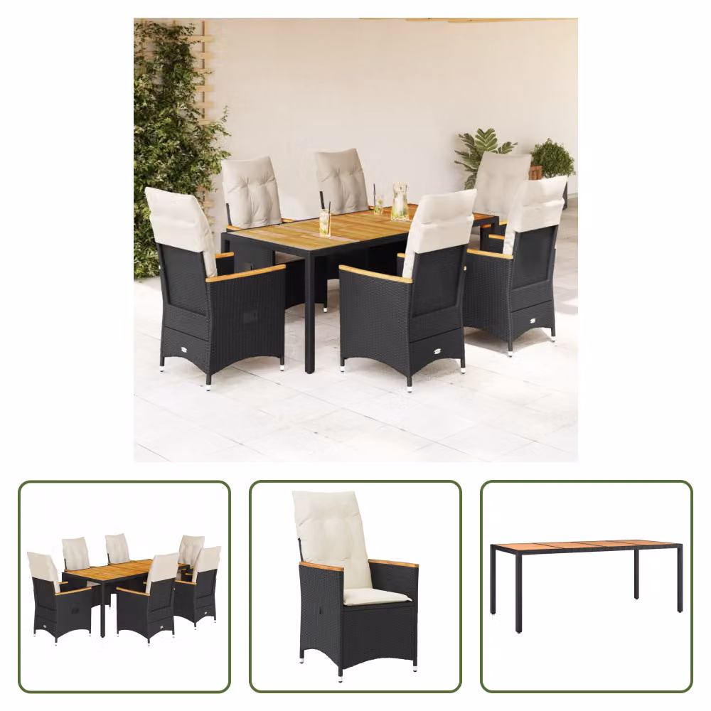 The Living Store Set da pranzo da giardino 7 pezzi con cuscini in polirattan nero