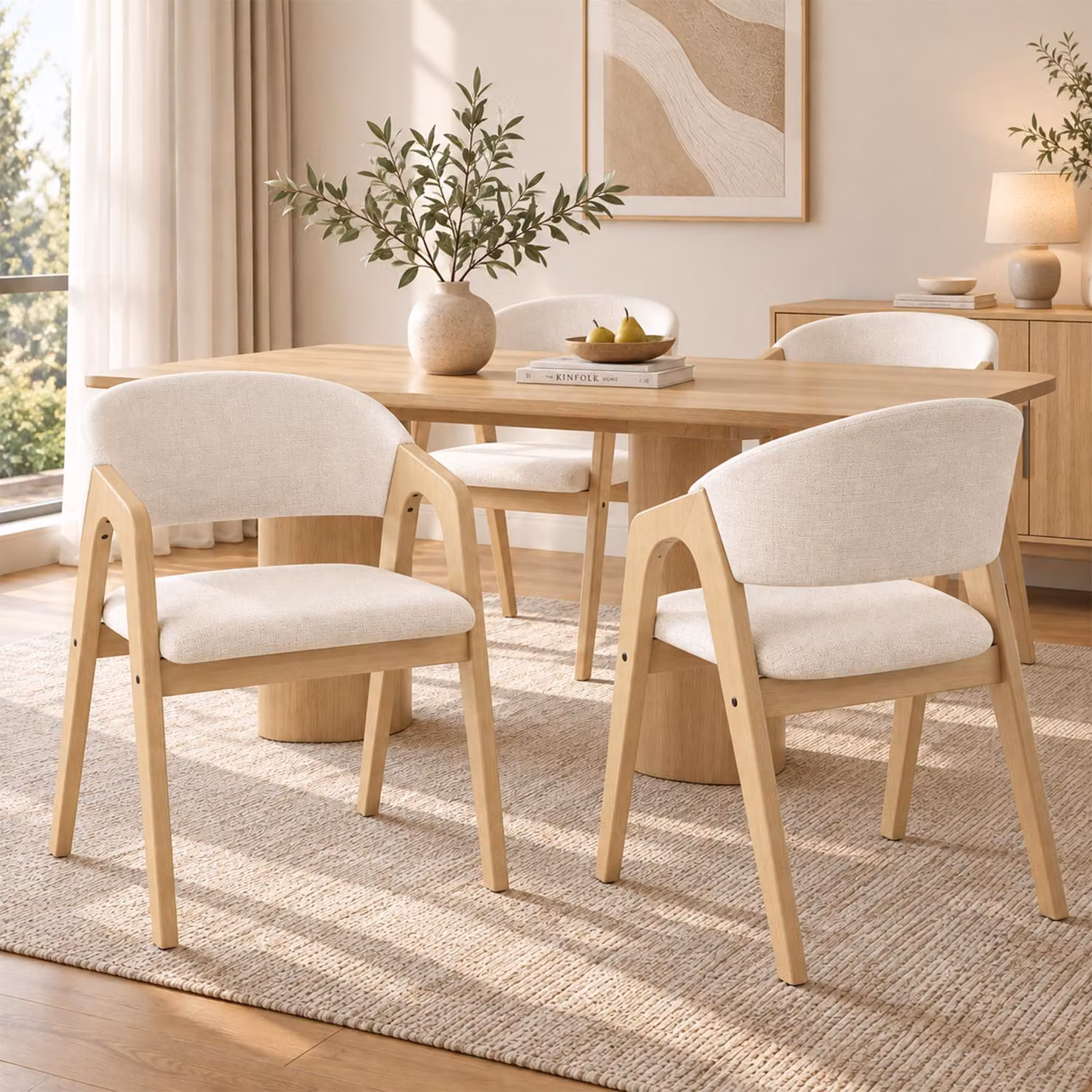 Set di 4 sedie da pranzo Flieks, poltrone con schienali sagomati, sedie per la cucina o il soggiorno, rivestite in lino, colore legno naturale