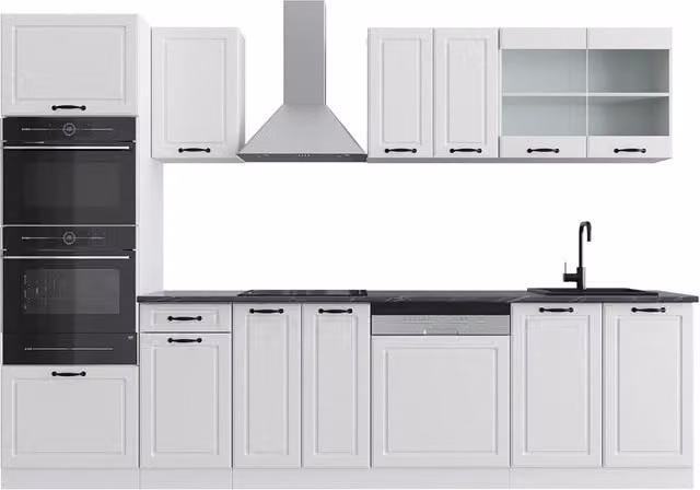Cucina componibile R-Line Vicco Bianco rustico, L: 300 cm, con armadio alto e ante in vetro, senza piano di lavoro