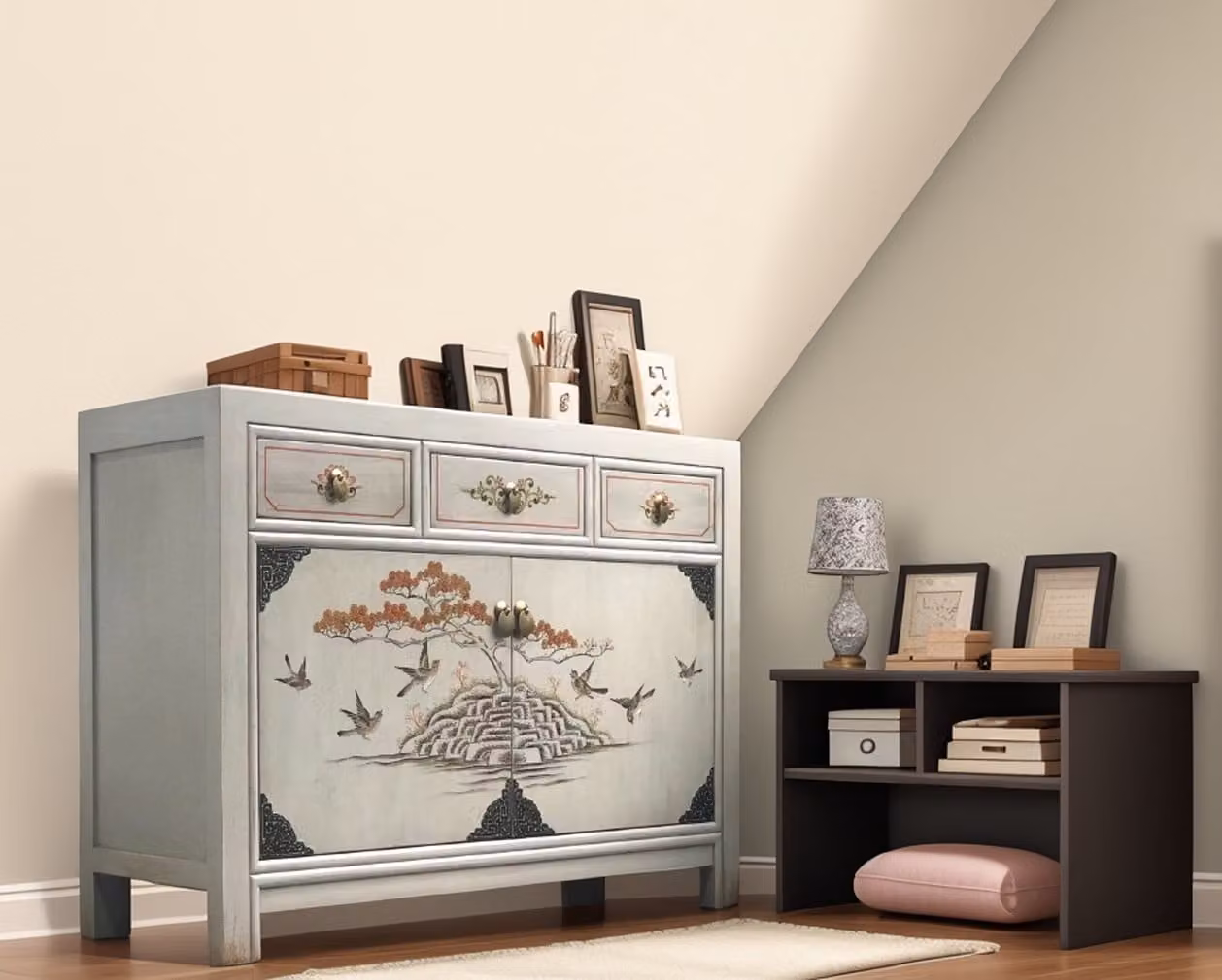 OPIUM OUTLET credenza vintage grigio chiaro beige mobile orientale cinese antico stile country house, credenza credenza shabby chic