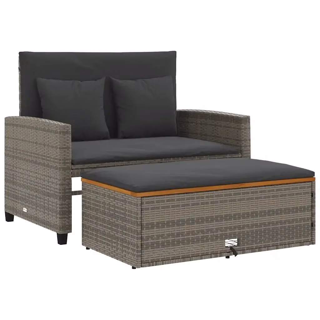 Divano da giardino a 2 posti vidaXL in polyrattan grigio con cuscini e pouf coordinato – 2