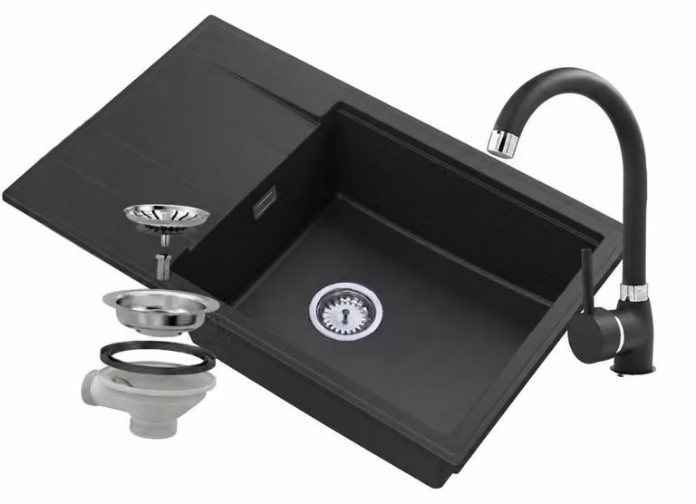 Granitan - Lavello in granito - Lavandino 80x50 cm - Lavello cucina nero - con miscelatore - LOUIS