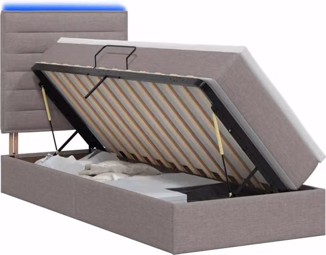 Letto con contenitore e materasso vidaXL in tessuto beige e grigio con illuminazione LED e porta USB L/P/H: 90 x 200 x 128 cm