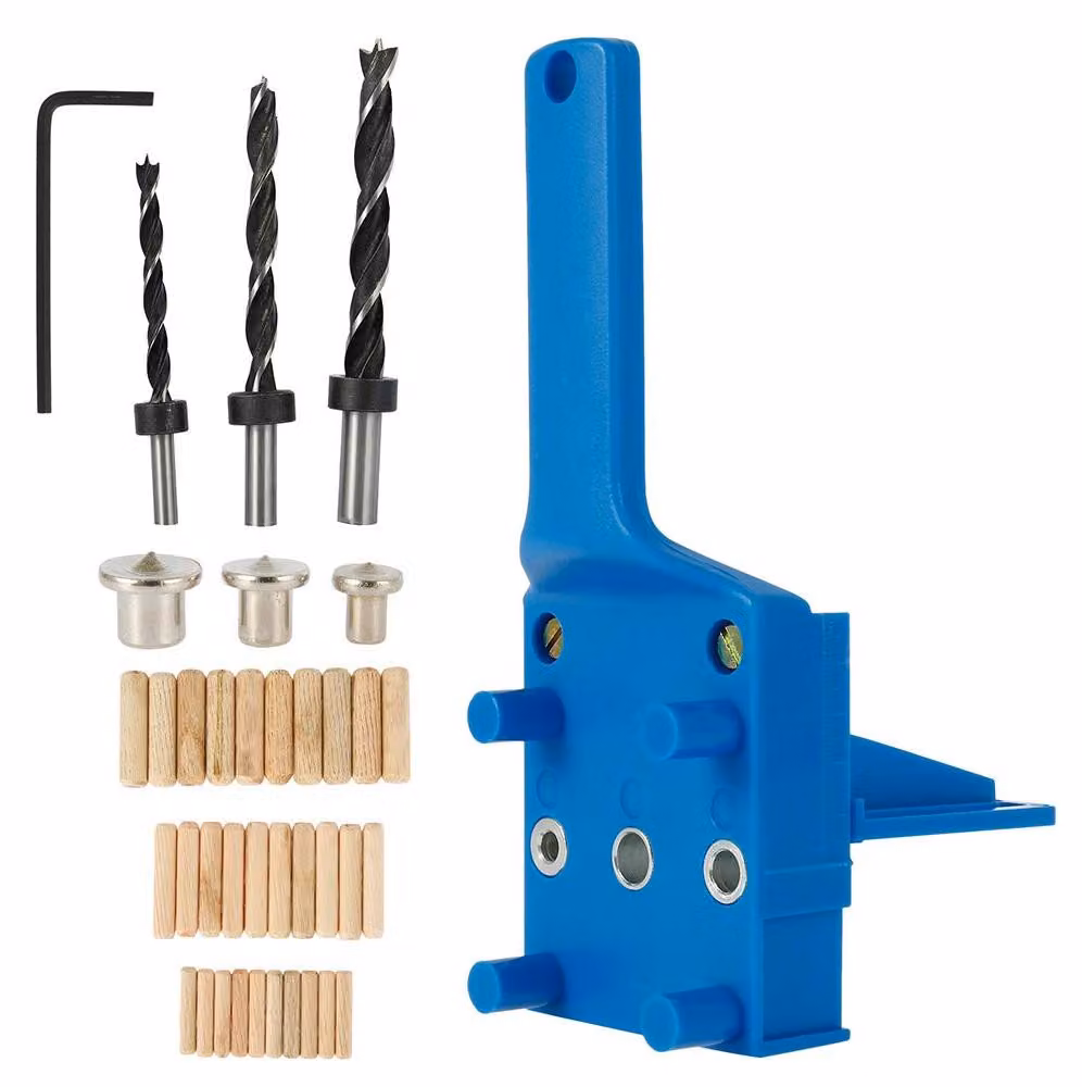 Set di guide per foratura, composto da 41 pezzi, con tasselli in legno e guida parallela, disponibile nelle misure 6 mm, 8 mm e 10 mm, per una foratura precisa