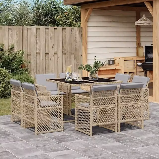Set Pranzo da Giardino 9 pz con Cuscini Beige Misto Polyrattan 3210840