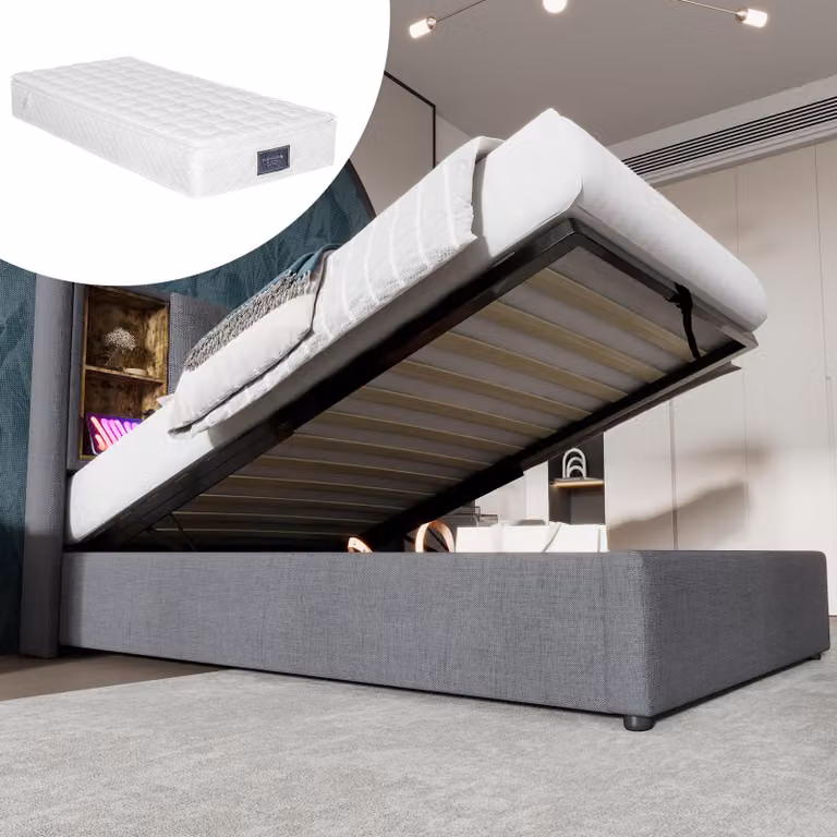 Letto singolo con ricarica wireless USB C, struttura letto imbottita 90x200cm, struttura letto con contenitore a doghe grigio con materasso
