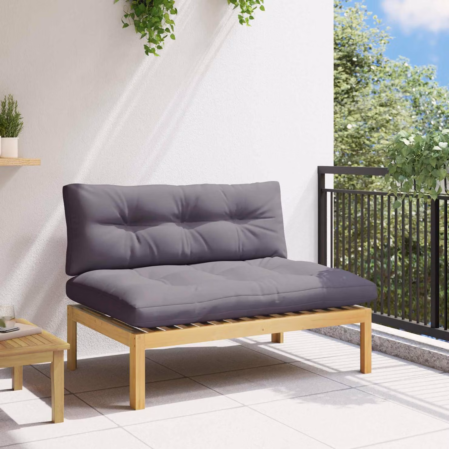 vidaXL Unità Divano Centrale in Legno di Acacia Trattato con Cuscini in Tessuto Beige e Grigio L/P/H: 120 x 80 x 82 cm