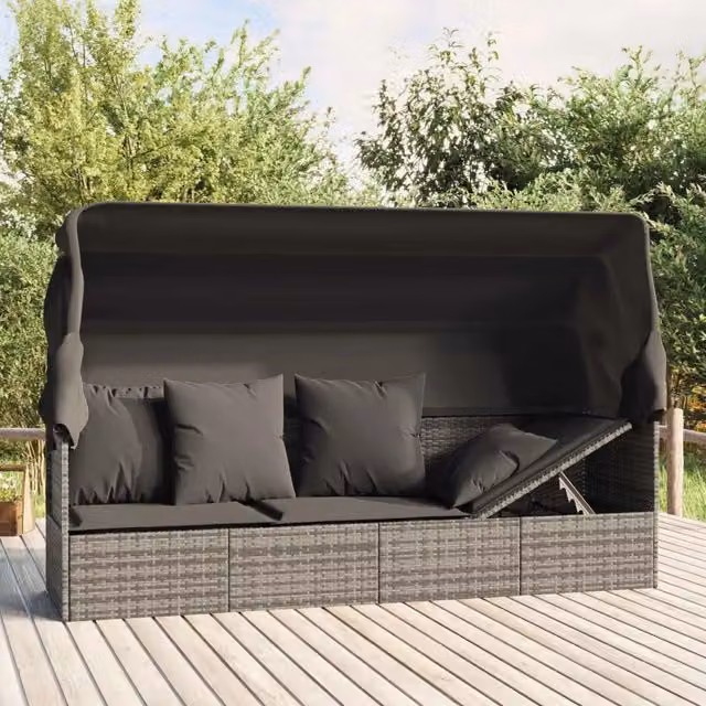 Lettino Prendisole Esterno Tetto e Cuscini Grigio Polyrattan 319568