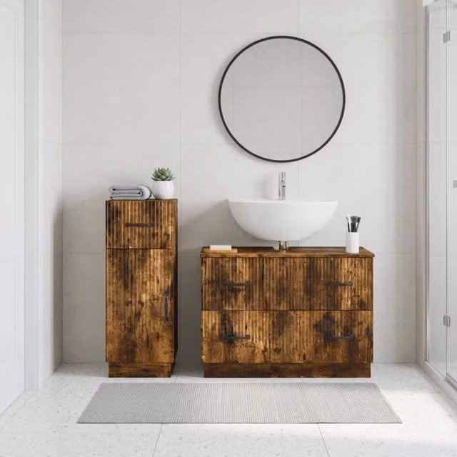 Set di mobili da bagno moderno vidaXL composto da mobile lavabo e mobile contenitore in legno color marrone con ante a cerniera e ripiani interni