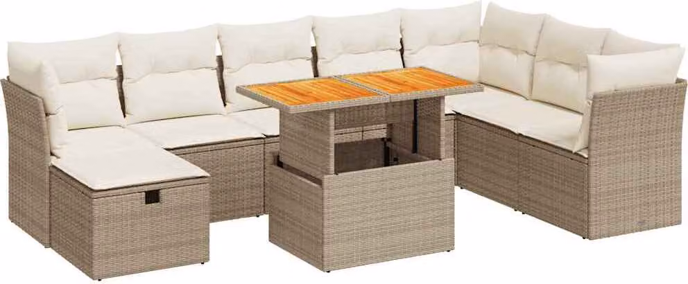 Set Divano da Giardino 9 pz con Cuscini Beige Polyrattan Acacia